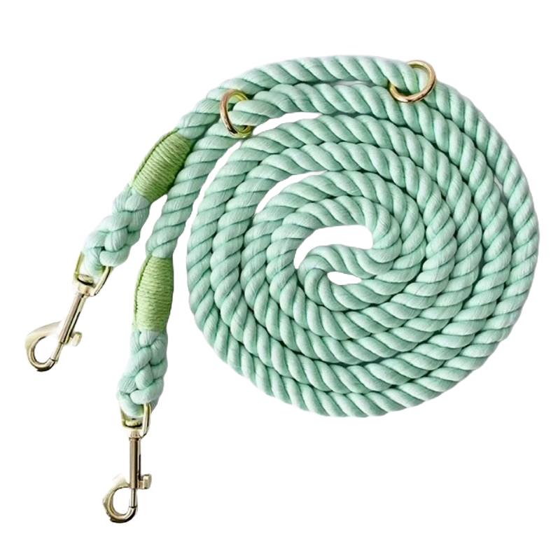 Mint Green Heavy-duty braided rope dog leash with adjustable metal rings and two heavy-duty clips